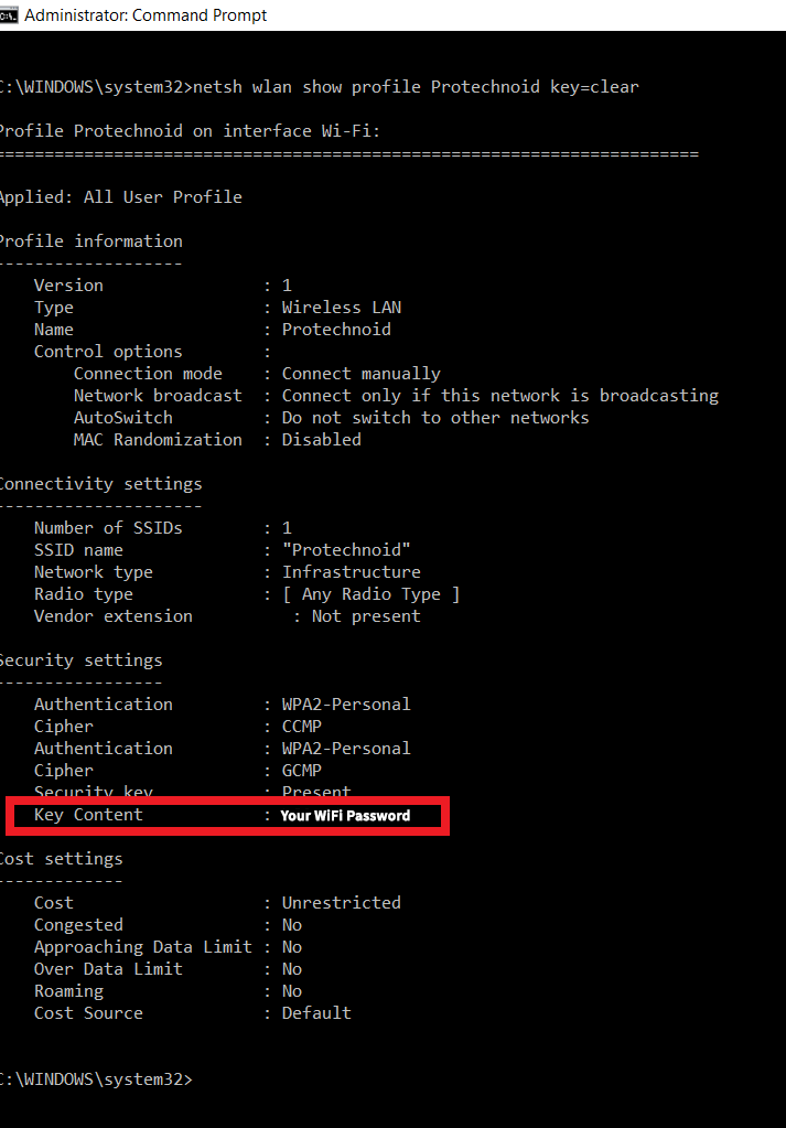 netsh-wlan-show-profile-protechnoid-key-clear