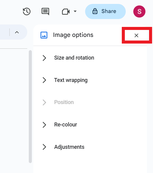Close Image options in Google Docs