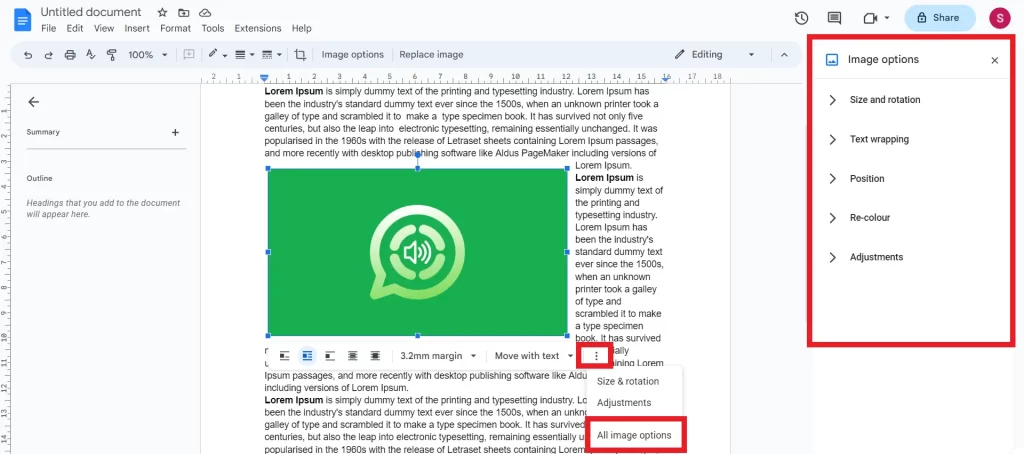 Google Docs image options