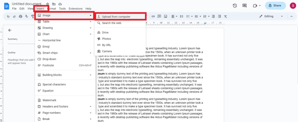 How to upload image on Google Docs