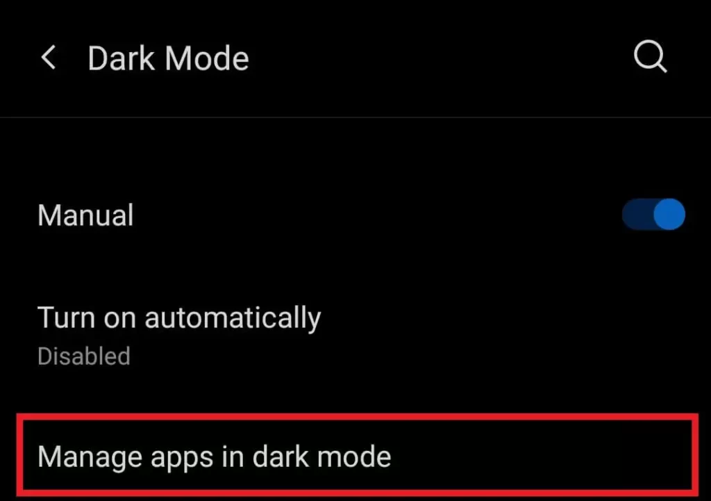 Select Manage Apps in Dark Mode feature