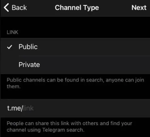 Select Channel type telegram iPhone