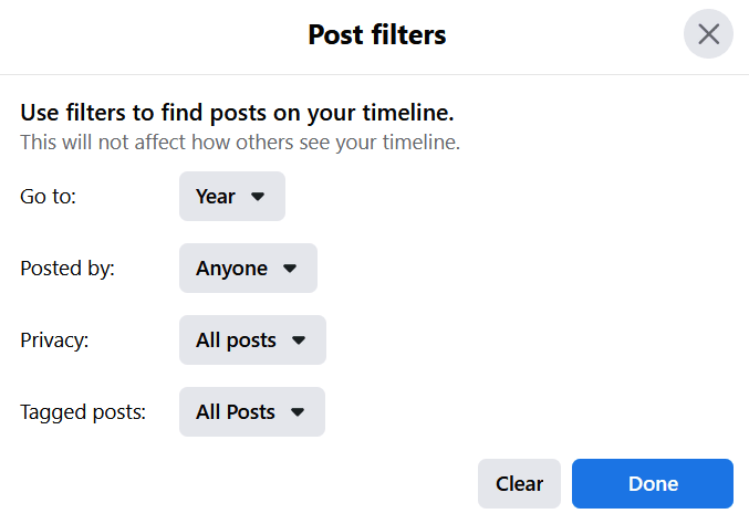 Filter checked in Facebook posts