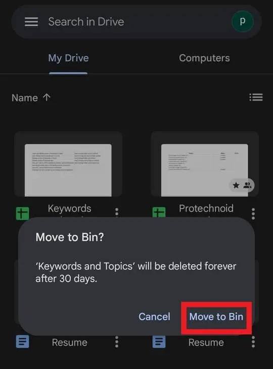 Google drive Move to Bin Android