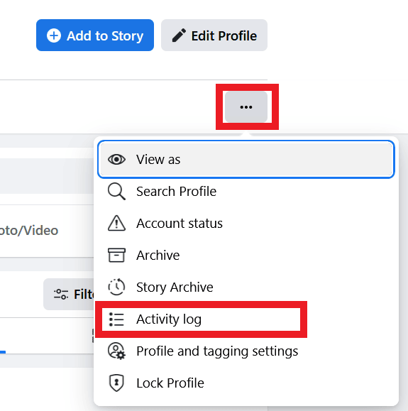 Select Activity log on Facebook