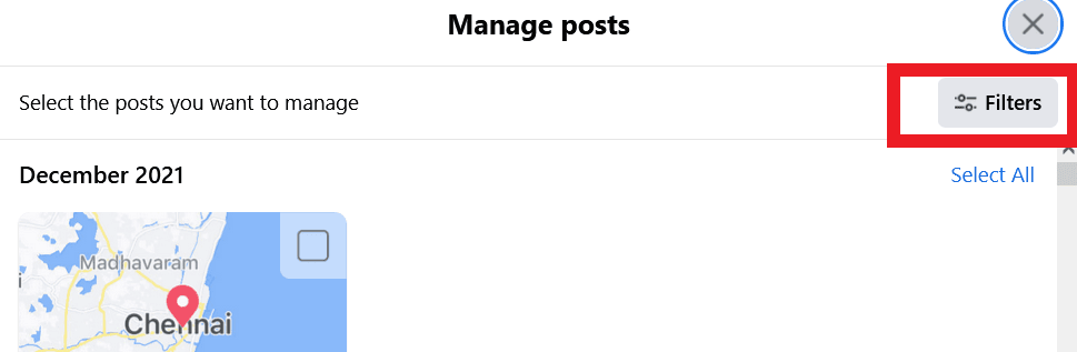 Select filters in Facebook manage posts