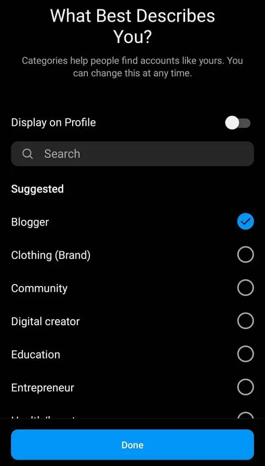 Select Instagram Account Category