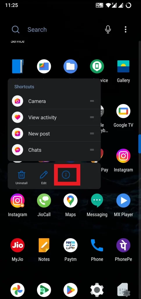 Tap and hold Instagram icon to access app info